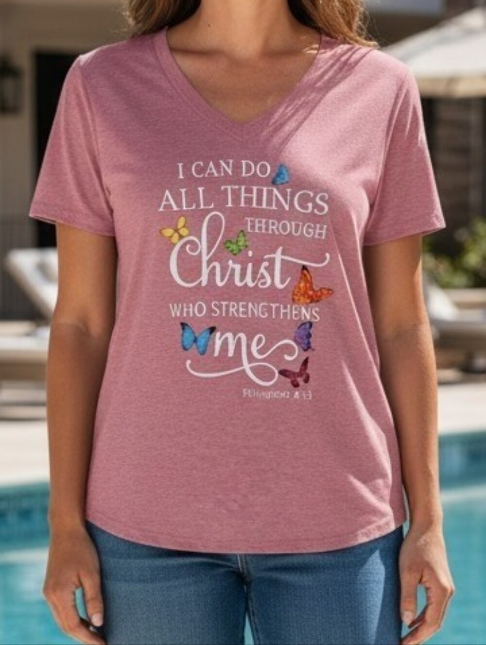 Access - Ladies Christian Tee Shirt, Graphic Design, Butterfly, Philippians 4:13